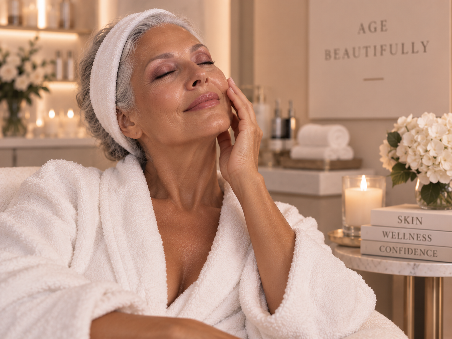 Mature woman enjoying a luxury skincare experience