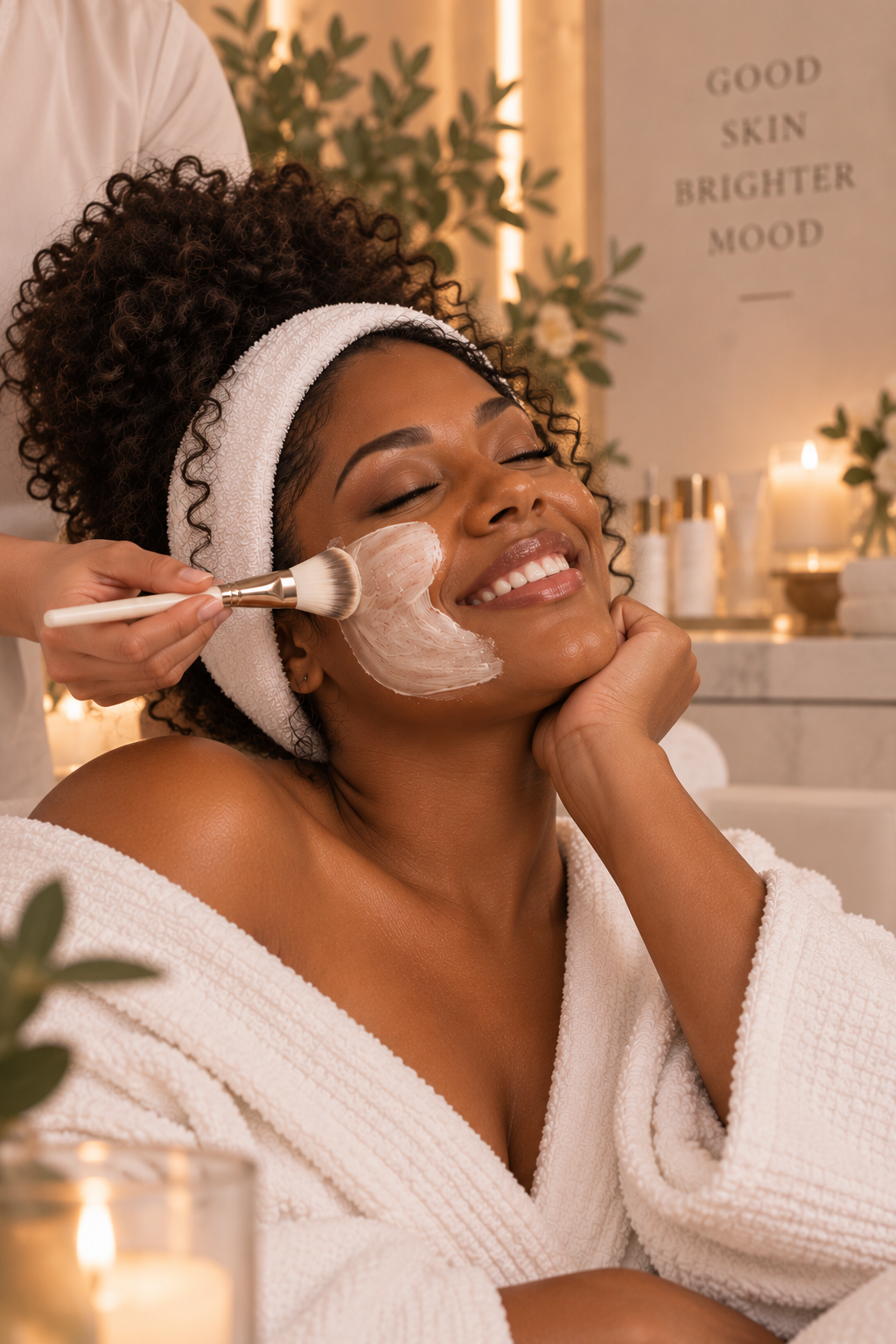 Black woman with curly hair enjoying a luxury skincare treatment
