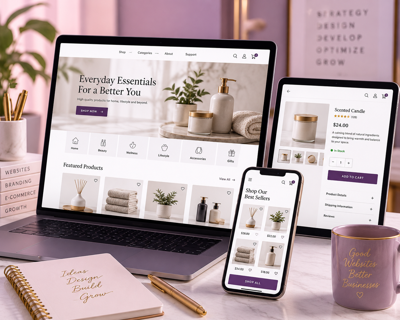 Responsive e-commerce website design shown across desktop and mobile devices