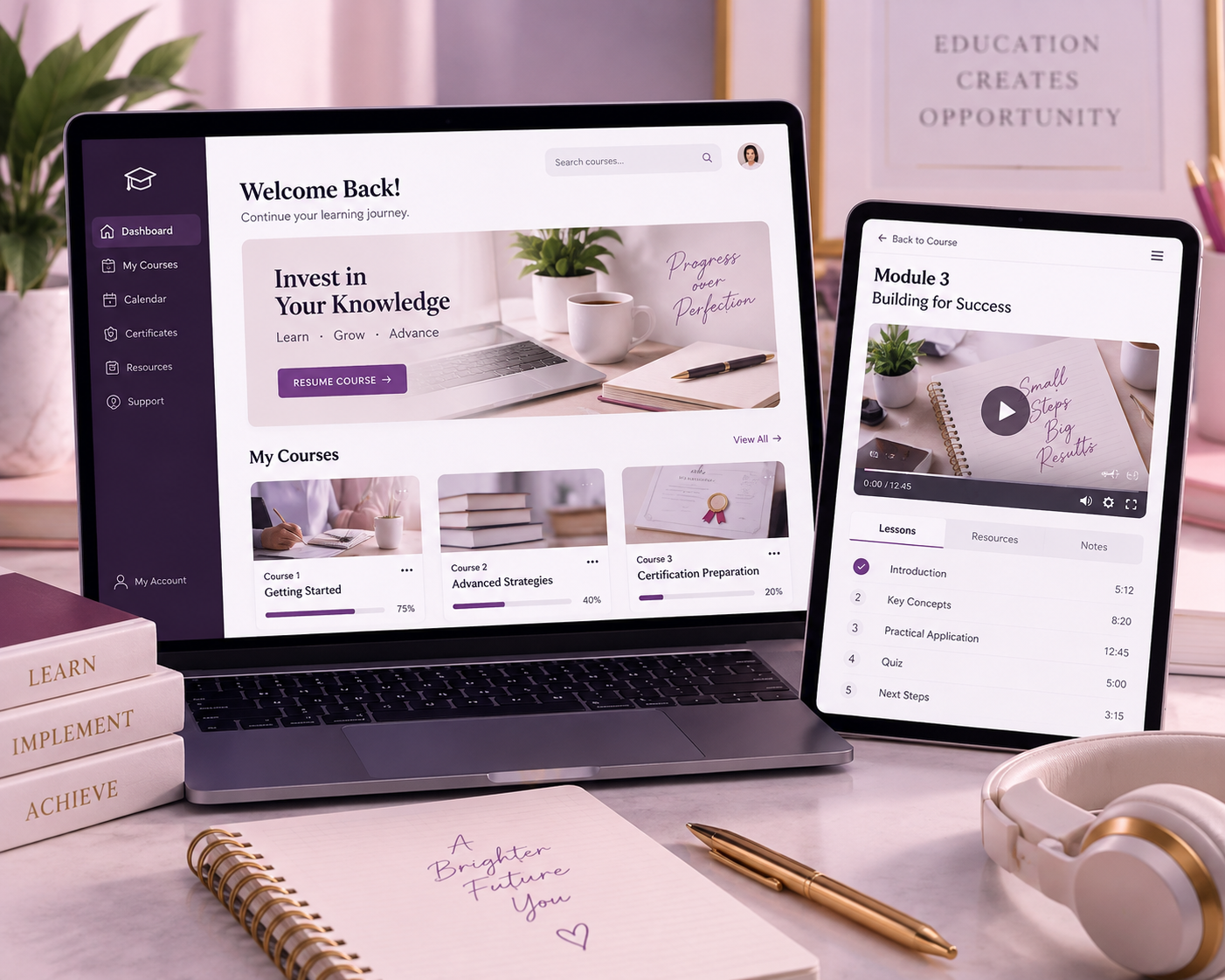 Professional online learning platform and course dashboard